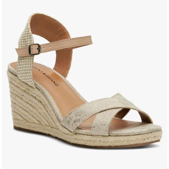 NIB Lucky Brand Maeylee Espadrille Wedge Sandals in Natural Platinum - Picture 1 of 7